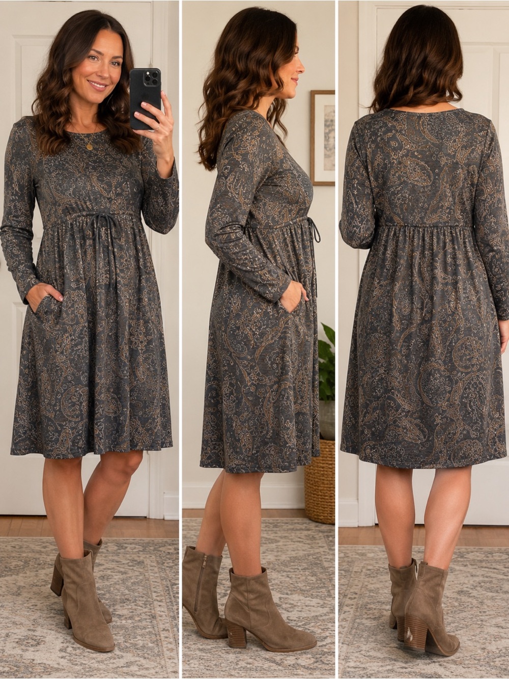 Orvis Gray Paisley Long-Sleeve Empire Waist Dress